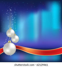 Christmas greeting white balls on aurora borealis background