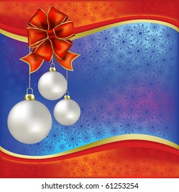 christmas greeting with white balls and red bow