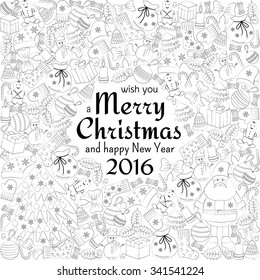 Christmas greeting white card with text wish you a Merry Christmas and many winter doodles. Santa, toys, cookies, snowmen, fir, candies, socks, gifts, bows, snowflakes, stars, hollies, mittens, etc.