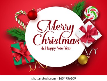 Christmas greeting in white frame vector banner background. Merry christmas typography with colorful xmas element of gift, candy cane, ball, and pine leaves with empty space for text and messages