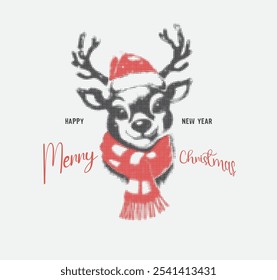 Christmas Greeting wish with Deer Santa Claus. Merry Christmas lettering. Halftone effect deer in Christmas scarf. Template for New 2025 Year Cards, Scrapbooking, Stickers, Planner, Invitations.