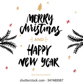 Christmas greeting wreath with calligraphy. Happy New Year and Merry Christmas. Handwritten modern brush lettering. Hand drawn design elements.