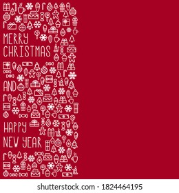 Christmas greeting wreath or frame with space for text. Linear icons tree, balls, candle, gifts, candies, snowflakes. New Year Christmas eve dinner. For greeting cards, social media, sale advertising.