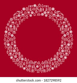 Christmas greeting wreath or frame with space for text. Linear icons tree, balls, candle, gifts, candies, snowflakes. New Year Christmas eve dinner. For greeting cards, social media, sale advertising.
