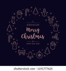 christmas greeting wreath icons elements rose gold background
