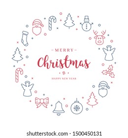 Christmas greeting wreath icons elements circle re blue withe isolated background