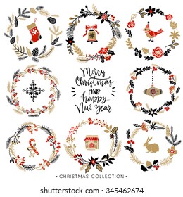 Christmas greeting wreaths with calligraphy. Hand drawn design elements. Handwritten modern brush lettering.