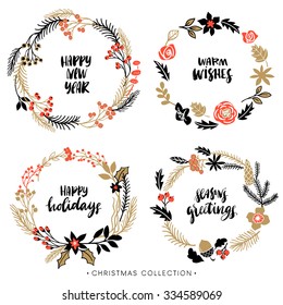 Christmas greeting wreaths with calligraphy. Handwritten modern brush lettering. Hand drawn design elements.