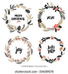 Christmas greeting wreaths with calligraphy. Handwritten modern brush lettering. Hand drawn design elements.