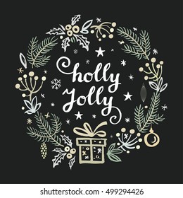 Christmas greeting wreaths with calligraphy. Handwritten modern brush lettering. Hand drawn design elements.