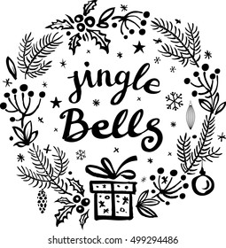 Christmas greeting wreaths with calligraphy. Handwritten modern brush lettering. Hand drawn design elements.