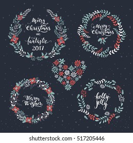 Christmas greeting wreaths with calligraphy. Handwritten modern brush lettering. Hand drawn design elements.