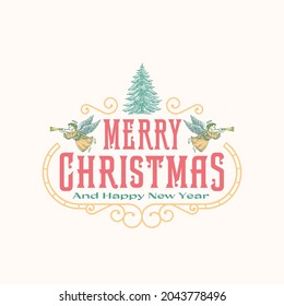 Christmas Greetings Abstract Vector Retro Frame Label, Sign or Logo Template. Colorful Hand Drawn Flying Angels and Pine Tree Sketch Illustration with Typography. Isolated.