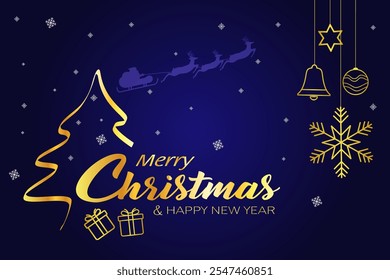 Christmas greetings background design. with flying santa claus and deers on the sky, gold Christmas greeting text ornaments and decoration elements in blue elegant background