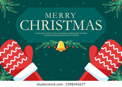 Christmas greetings banner with Christmas mittens, bell and leaves on green background