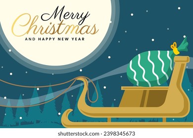 Christmas greetings banner with santa's sleigh and gift sack on christmas eve background