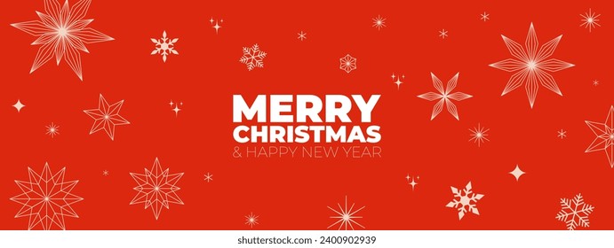 Christmas greetings banner with snowflakes and stars on red colour background. Holiday season, trendy, contemporary abstract design for background, card, banner. Vector illustration