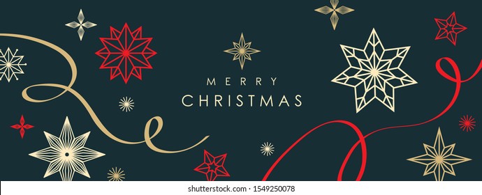 Christmas greetings banner with swirl ribbons and stars on black colour background