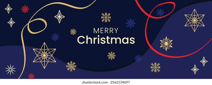 Christmas greetings banner with swirl ribbons and gold and red stars on dark blue color background.Banner Vector illustration 
