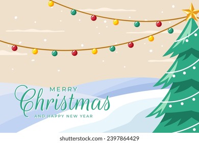 Christmas greetings banner with christmas tree with decorated lights on winter landscape