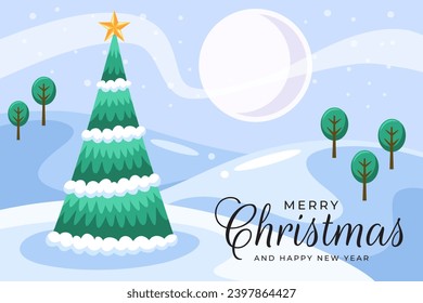 Christmas greetings banner with christmas tree under the moon in winter