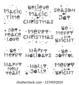 Christmas greetings black lettering set in scandinavian style. Christmas and New Year phrases. Poster, banner, card and design elements