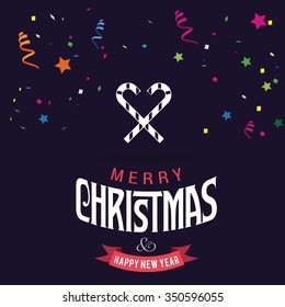 Christmas Greetings in Candy Cane Background. Flat greeting Card Vector Illustration. Flowing confetti and streamers backgound