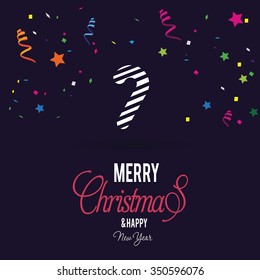 Christmas Greetings in Candy Cane Background. Flat greeting Card Vector Illustration. Flowing confetti and streamers backgound
