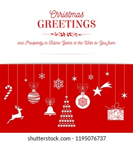 Christmas greetings card design template with candies and ornaments hanging from a red ribbon and Santa’s Sled flying over