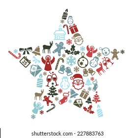 Christmas greetings card with icons symbolizing winter and Christmas