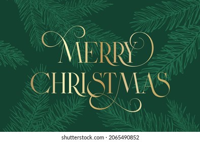 Christmas Greetings Card Layout with Hand Drawn Spruce Pine Branches Background. and Modern Swooshed Typography Gold Letters. Classy Green Background.