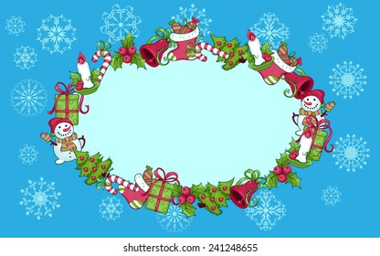 christmas greetings card with oval frame christmas attributes and place for text