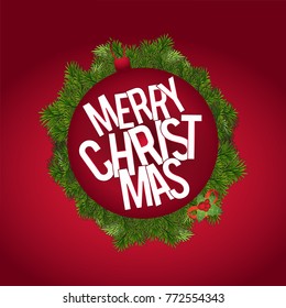 Christmas greetings card with red background with green leafs fr