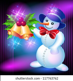 Christmas greetings card with Snowman and bells