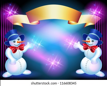 Christmas greetings card with Snowman and golden ribbon