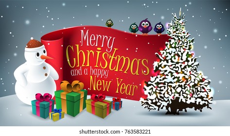 Christmas greetings card with snowman, presents, christmas tree and happy birds