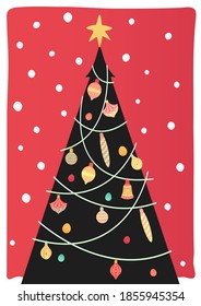 christmas greetings card template with flat christmas tree. christmas festive texture greetings card background. winter holiday background.