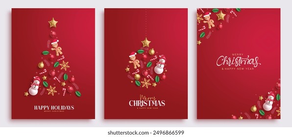 Christmas greetings card vector poster set design. Merry christmas, happy holidays and new year card collection with xmas decoration elements in red elegant background. Vector illustration holiday 