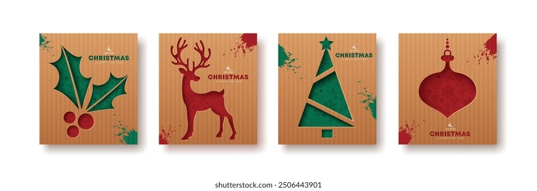 Christmas greetings card  vector card poster design. Merry christmas greeting text with printed elements like holly berry, reindeer, xmas tree and lantern in brown folded paper cut background. Vector 