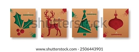 Christmas greetings card  vector card poster design. Merry christmas greeting text with printed elements like holly berry, reindeer, xmas tree and lantern in brown folded paper cut background. Vector 