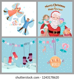 Christmas greetings cards with cute cartoon characters. Hand drawn Santa with kids, snow angels. Merry Christmas set with winter season objects. New Year textures and lettering. Vector illustrations