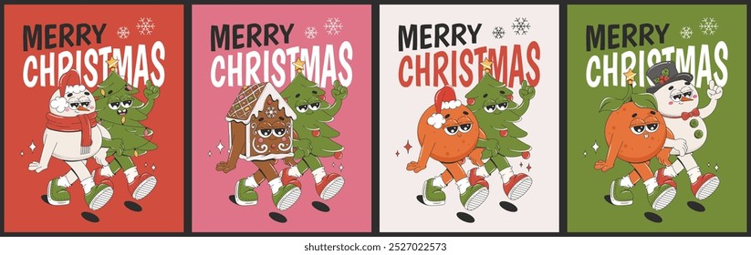 Christmas greetings cards with trendy groovy characters. Christmas tree, snowman, gingerbread house, tangerine. Retro cartoon posters.