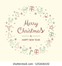 Christmas greetings with cartoon decorations. Vector.