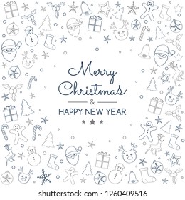 Christmas greetings with cartoon decorations. Vector.