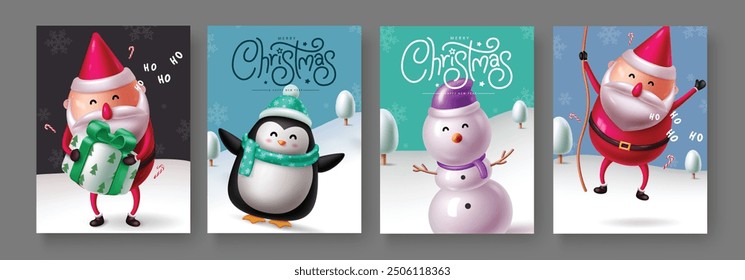 Christmas greetings characters vector poster set design. Christmas character like singing santa claus holding gift and rope, smiling snowman and waving cute penguin for holiday gift tags collection. 