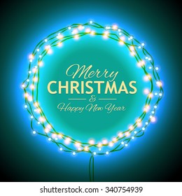 Christmas greetings in a circular frame of garlands. Round frame with glowing lights, words Merry Christmas. Background on sale, discounts, promotions in the winter. Seasonal advertising. 