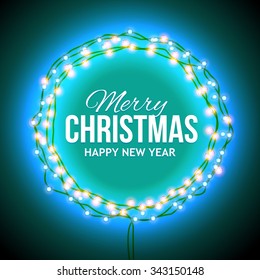 Christmas greetings in a circular frame of garlands. Round frame with glowing lights, words Merry Christmas. Background on sale, discounts, promotions in the winter. Seasonal advertising. 