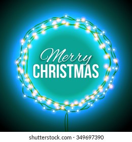 Christmas greetings in a circular frame of garlands. Round frame with glowing lights, words Merry Christmas. Background on sale, discounts, promotions in the winter. Seasonal advertising. 