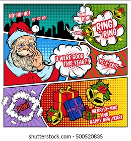 Christmas Greetings Comics Book Page With Santa Speech Bubbles Bells And Gifts On Divided Background Vector Illustration 