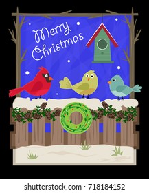 Christmas Greetings - Cute Christmas greeting card of a snowy yard and birds standing on a fence. Eps10